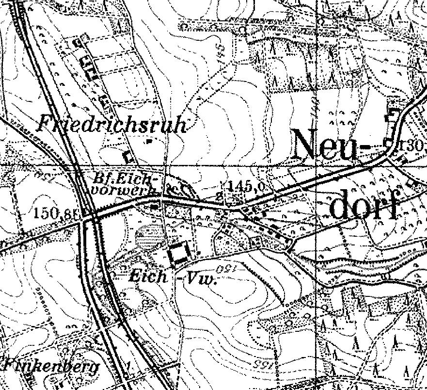 Fragment niemieckiej mapy topograficznej okolic Dbiczki z 1933 r.. Z prawej strony wida stacj kolejow (Bf - Banhoff) z bocznic i budynkiem.