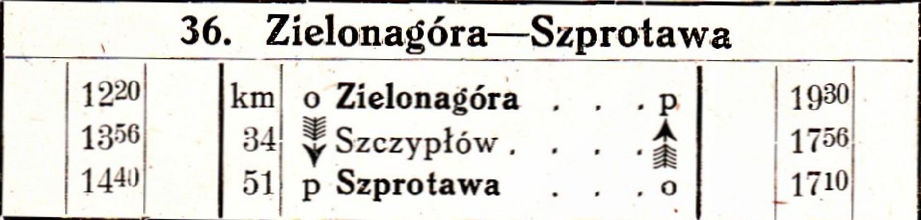 Kolejka szprotawska. Wycig tabeli nr 26 z "Podrnika kolejowego okrgu poznaskiego" - pierwszego powojennego wydania lokalnego rozkadu jazdy DOKP Pozna. Wany od 01 listopada 1945 r. Zbiory Mieczysawa J. Bonisawskiego.