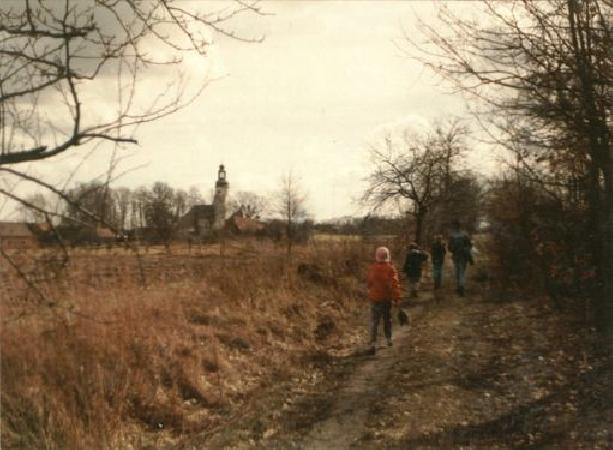 Widok od strony kolejki szprotawskiej na wieś Broniszów (kościół). 06 marca 1994, fot. M. Bonisławski