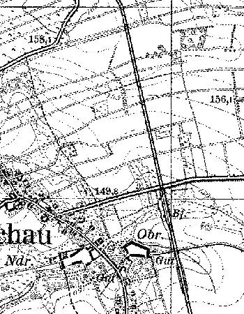 Fragment niemieckiej mapy topograficznej okolic Wichowa. W �rodkowej cz�sci z prawej, poni�ej skrzy�owania z drog�, wida� stacj� kolejow� z dworcem, magazynem i bocznic�.