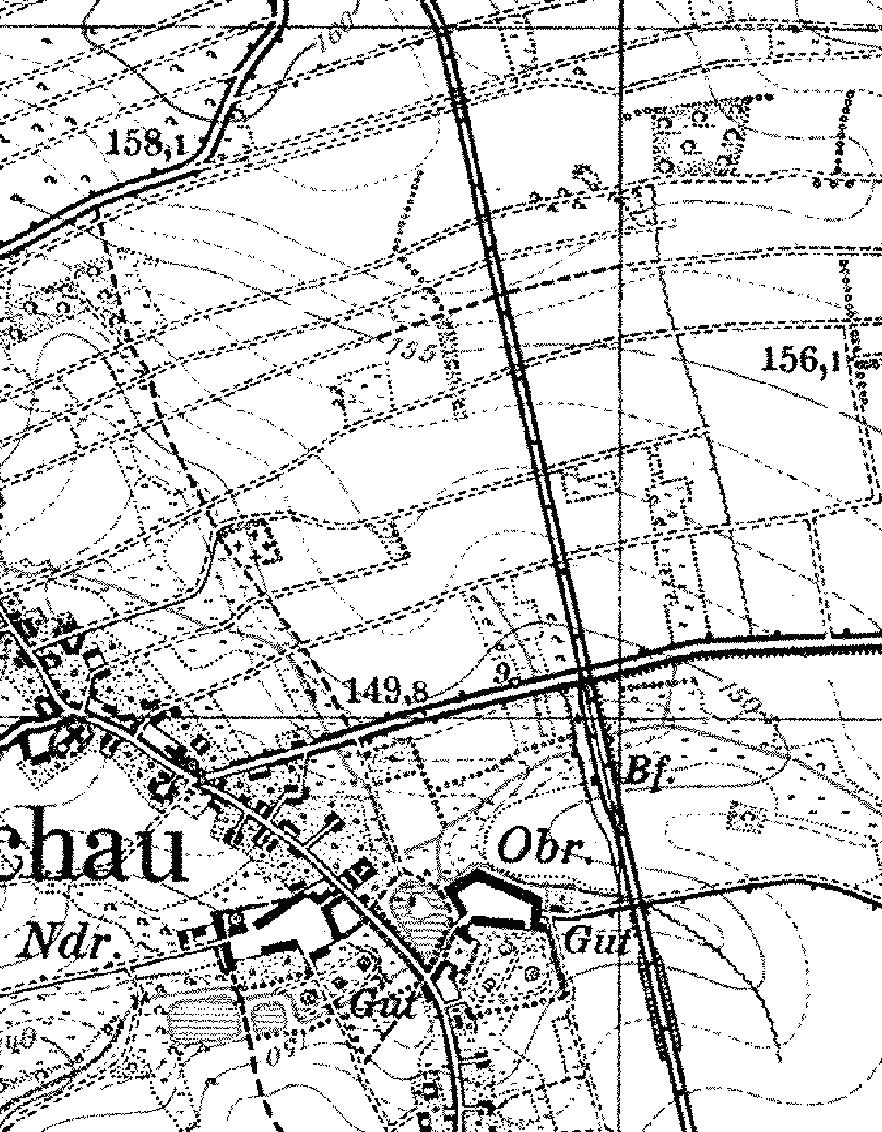 Fragment niemieckiej mapy topograficznej okolic Wichowa. W środkowej części z prawej, poniżej skrzyżowania z drogą, widać stację kolejową z dworcem, magazynem i bocznicą.