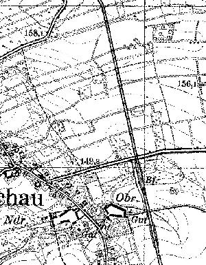 Fragment niemieckiej mapy topograficznej okolic Wichowa. W rodkowej czci z prawej, poniej skrzyowania z drog, wida stacj kolejow z dworcem, magazynem i bocznic.