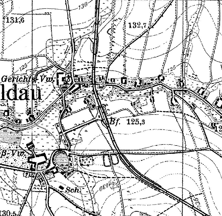 Fragment niemieckiej mapy topograficznej okolic Chotkowa. Wida skomplikowany ukad stacji Chotkw - Wie (zabudowania, drogi), ale ciko jednoznacznie zdecydowa czy napewno wida z lewej strony gwnego toru tor boczny.