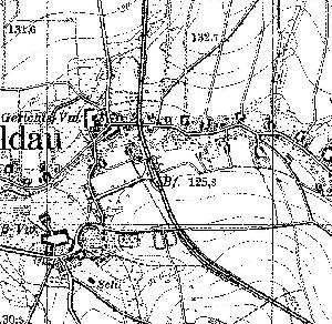 Fragment niemieckiej mapy topograficznej okolic Chotkowa. Wida skomplikowany ukad stacji Chotków - Wie (zabudowania, drogi), ale ciko jednoznacznie zdecydowa czy napewno wida z lewej strony gównego toru tor boczny.