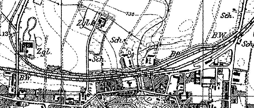 Fragment niemieckiej mapy topograficznej miasta Szprotawy z 1933 r. Zaznaczono przebieg torw i ukad stacji kolejowej.