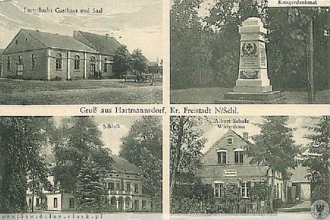  Jarogniewice przed 1945. Fot. z www.wroclaw.hydral.com.pl, zbiory  Mirosawa Dudara. Dom w prawym dolnym rogu na innej pocztwce, wiszcej w wejciu do kocioa, opisano  jako "Bahnstation". A. Schultz prawdopodobnie prowadzi tu agencj stacji