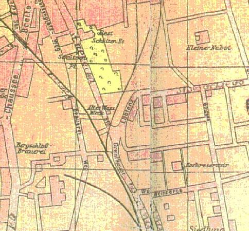 Fragment planu miasta Grunberg z poowy lat 30-tych XX w. W okolicy Placu Strzeleckiego i rozjadu Loblenz nie ma ju adnego ladu po stacji kolejowej Schutzenplatz.