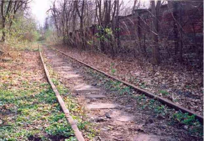 Lbtenzweiche czyli zwrotnica, od ktrej biega 
bocznica do powojennego ZEFAMU i Polskiej Weny.  Gwny tor tej bocznicy, po prawej pot Zefamu, w gbi na horyzoncie stacja towarowa Schutneplatz i ul Strzelecka. Stan kwiecie 2001, fot. Marek Toporowi