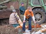 10 XI 2008. Przy zadaniu numer 2 zlotowiczw wspiera gwny budowniczy mostu sprzed 2 lat, Gabry Urbanek z Jarogniewic (tyem). Nie sam, przyjecha cikim  sprztem. Na pierwszym planie wolontariusz z G-1 (od W. Meliskiego). Fot. M. Bonisawski