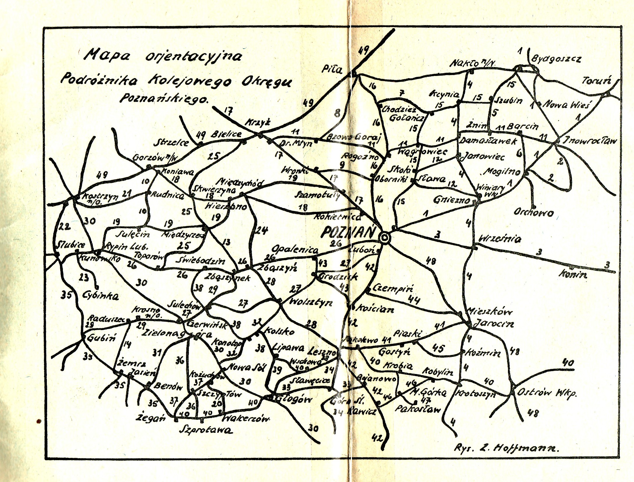 Schmat pocze kolejowych z pierwszego po zakoczeniu II wojny wiatowej rozkadu jazdy pocigw dla regionu Poznania i Zielonej Gry. Prywatne zbiory M. Bonisawskiego
