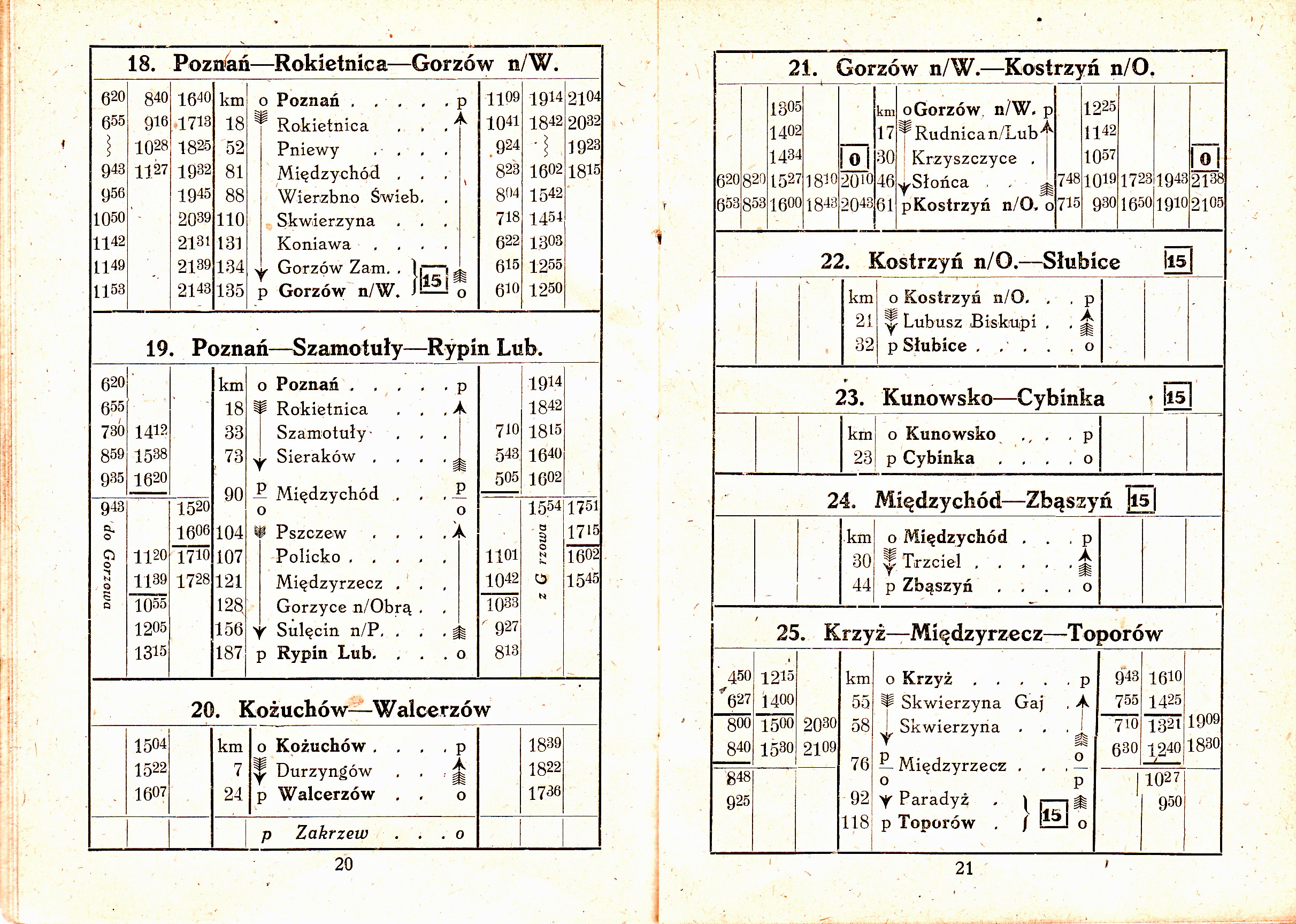 Tabele z pierwszego po zakoczeniu wojny rozkadu jazdy pocigw dla regionu Poznania i Z. Gry. O paru liniach ju dawno zapomniano. Zwrmy uwag na egzotyczne nazwy kilku miejscowoci: Rypin, Walcerzw, Durzyngw, Kunowsko, Soce. 