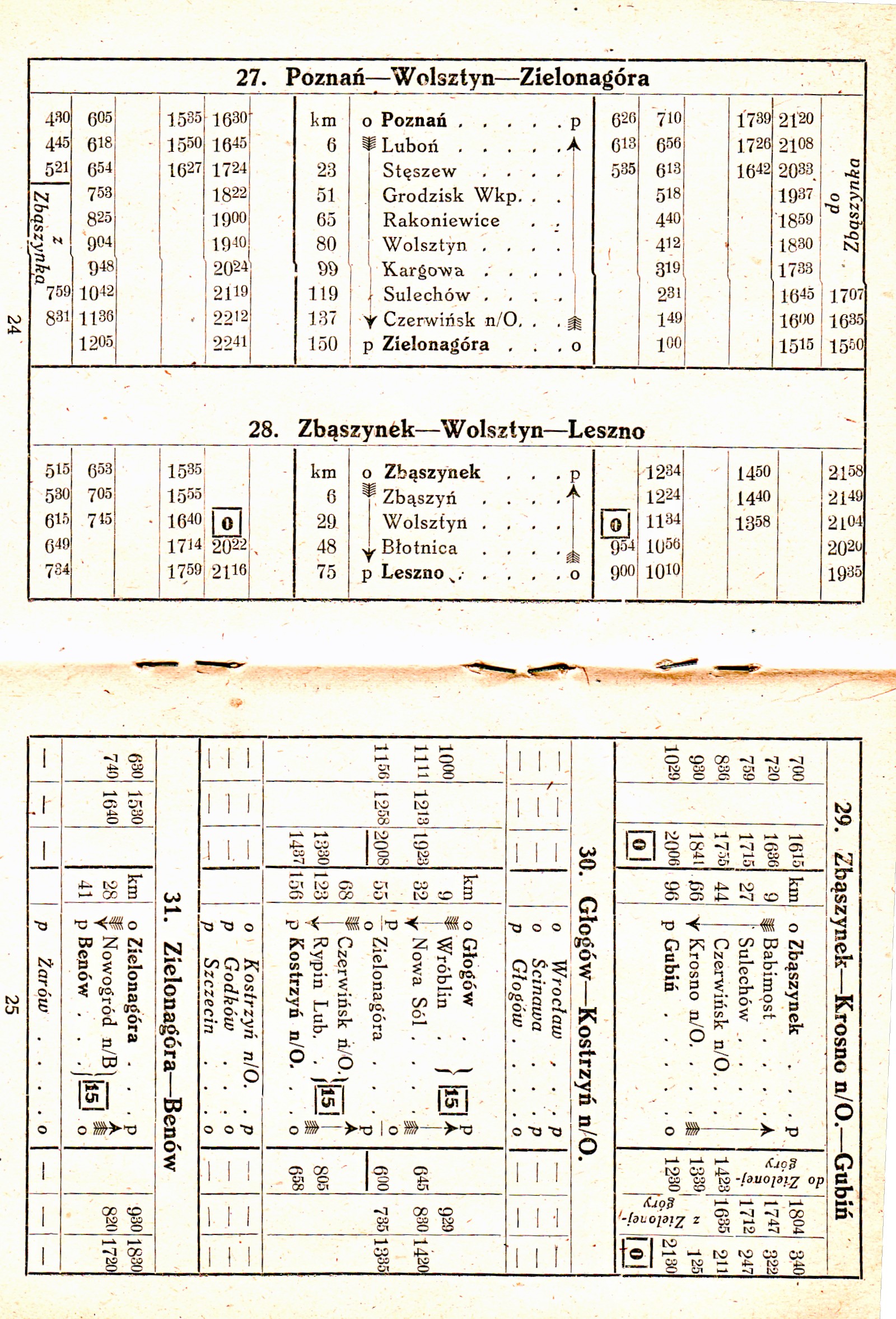 Pozycja (tabela) nr 27 z pierwszego po zakoczeniu II wojny wiatowej rozkadu jazdy pocigw dla regionu Poznania i Zielonej Gry. Pocig o 6:05 z Ponania by skomunikowany z pocigiem z Z. Gry do Szprotawy. Prywatne zbiory M. Bonisawskiego
