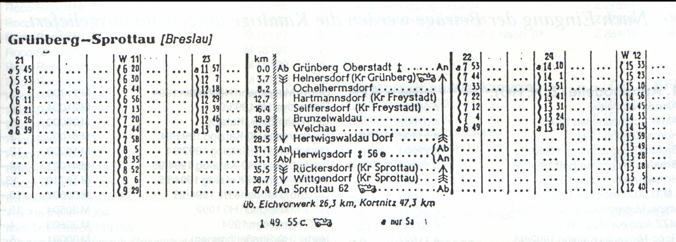 Rozkad jazdy z 1944 r. Ostatni wojenny i zarazem ostatni  niemiecki rozkad dla Kleinbahn Grunberg - Sprottau. Nastpne rozkady bd ukazywa si  juz po polsku... Zbiory Mieczysawa J. Bonisawskiego